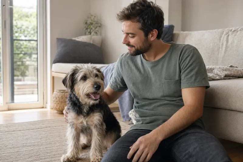 Ein glücklicher Nishon-Terrier sitzt entspannt neben seinem Besitzer in einer hellen modernen Wohnung.