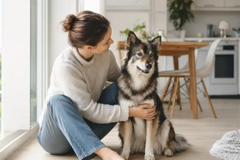 Ein freundlicher Norbottenspitz sitzt entspannt neben seinem Halter in einer hellen Wohnung und vermittelt Vertrauen sowie Sicherheit rund um die Hundeversicherung.