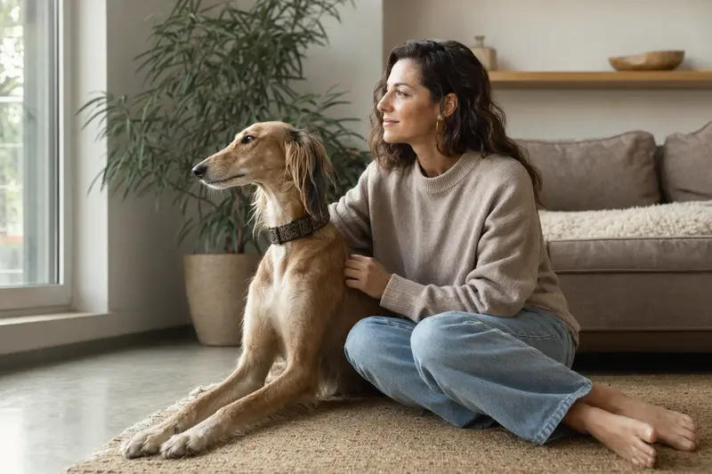 Ein glücklicher Nordafrikanischer Windhund sitzt entspannt neben seinem Besitzer in einer modernen Wohnung.