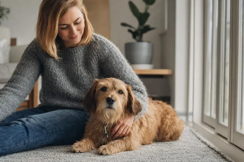 Ein entspannter Norfolk Spaniel sitzt neben seinem Besitzer in einer hellen, modernen Wohnung und strahlt Vertrauen aus.
