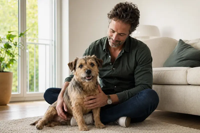 Ein Norfolk-Terrier sitzt entspannt neben seinem Besitzer in einer modernen Wohnung.