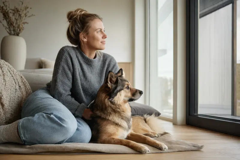 Ein glücklicher Norrbottenspets sitzt entspannt neben seinem Besitzer in einer modernen Wohnung und vermittelt eine vertrauensvolle Atmosphäre.