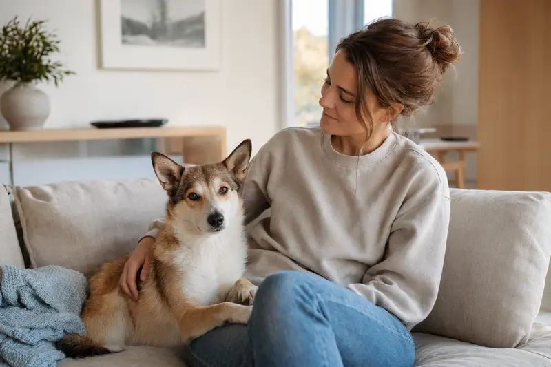 Ein glücklicher Norsk Lundehund sitzt entspannt neben seinem Halter in einer modernen Wohnung.