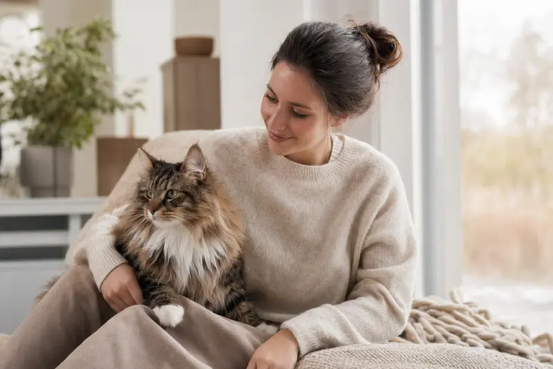 Eine gesunde Norwegische Waldkatze sitzt entspannt neben ihrem Besitzer in einer modernen Wohnung.