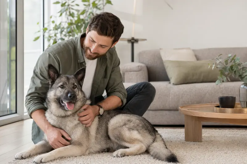 Ein entspannter Norwegischer Elchhund sitzt neben seinem glücklichen Halter in einer modernen Wohnung.
