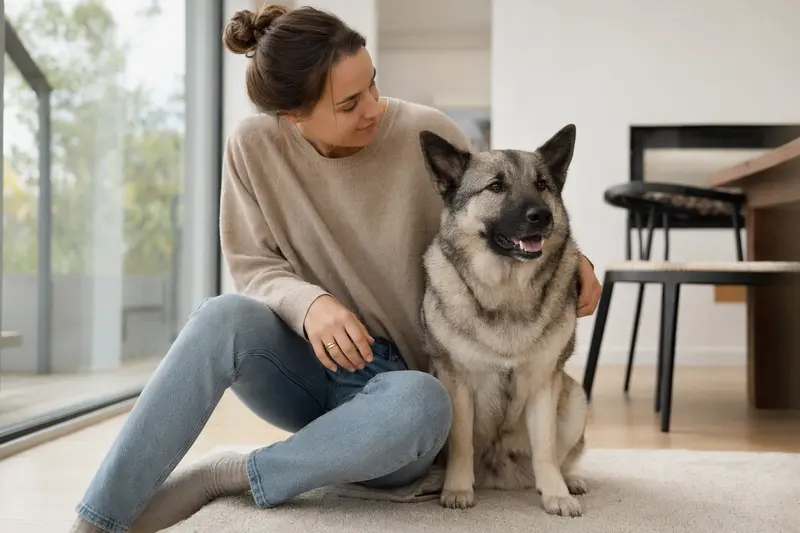 Ein glücklicher Norwegischer Elchhund sitzt entspannt neben seinem Besitzer in einer modernen Wohnung.