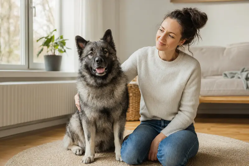 Ein glücklicher Norwegischer Elchhund sitzt entspannt neben seinem Halter in einer hellen modernen Wohnung.