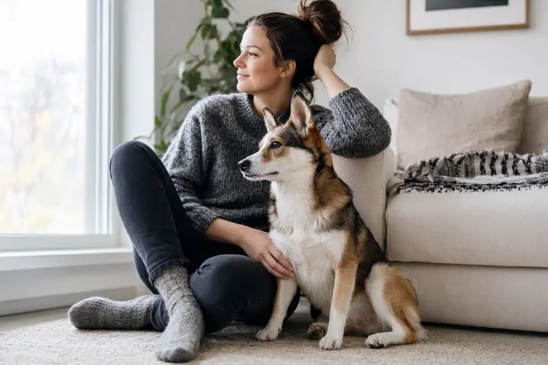 Ein entspannter Norwegischer Lundehund sitzt neben seinem Besitzer in einer hellen Wohnung und strahlt Freude aus.