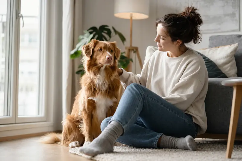 Ein glücklicher Nova Scotia Duck Tolling Retriever sitzt entspannt neben seinem Halter in einer modernen Wohnung.