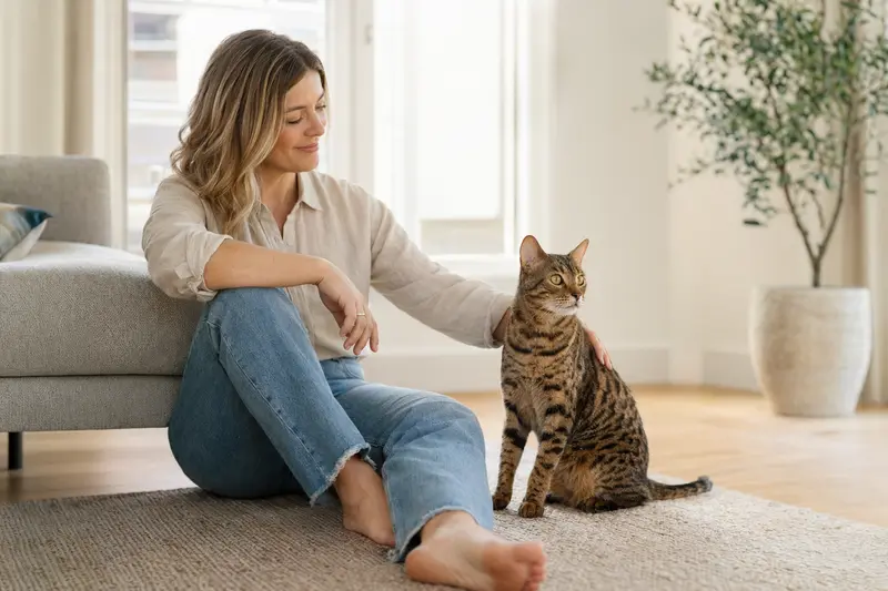 Ein freundlicher Ocicat sitzt entspannt neben seinem Besitzer in einer hellen Wohnung und strahlt Gesundheit aus.