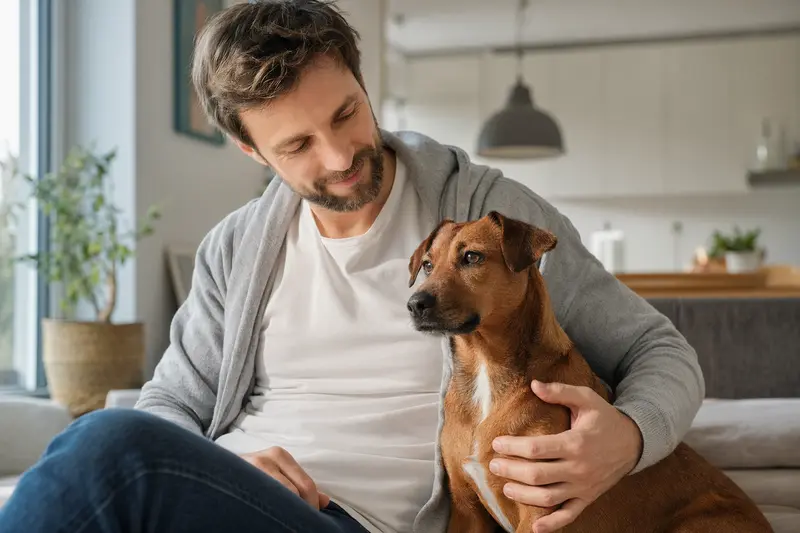 Ein glücklicher Österreichischer Kurzhaarpinscher sitzt entspannt neben seinem Halter in einer modernen Wohnung.