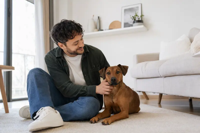 Ein gesunder Österreichischer Pinscher sitzt entspannt neben seinem Halter in einer hellen Wohnung.