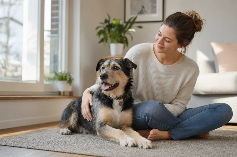 Glücklicher Hund sitzt entspannt neben seinem Halter in einer modernen Wohnung, umgeben von warmem Licht.