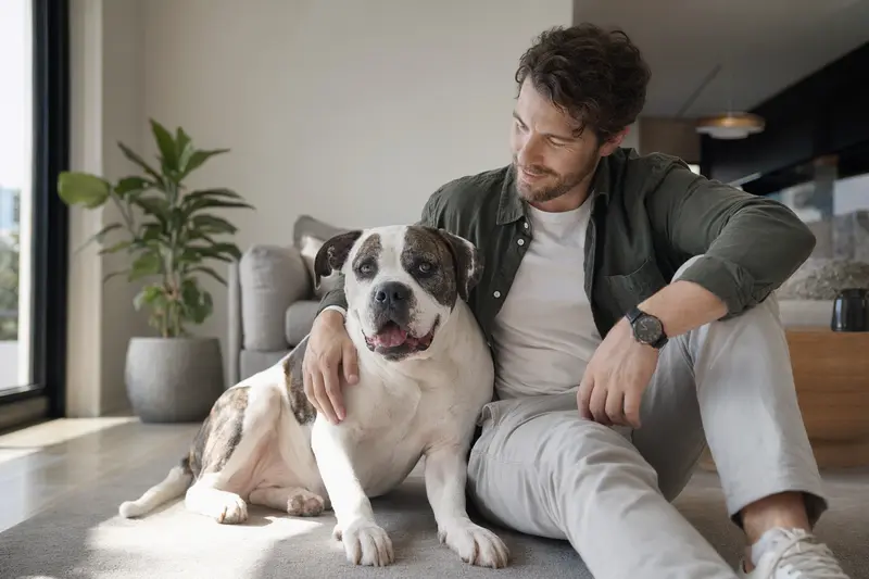 Ein gesunder Old Country Bulldog sitzt entspannt neben seinem Halter in einer modernen, lichtdurchfluteten Wohnung.