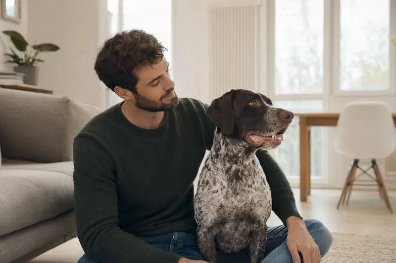 Ein glücklicher Old Spanish Pointer sitzt entspannt neben seinem Halter in einer hellen modernen Wohnung, passend als Hero-Bild zum Thema Hundeversicherung.