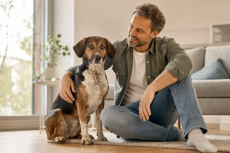 Ein fröhlicher Olper Bracke entspannt neben seinem Halter in einer modernen Wohnung.