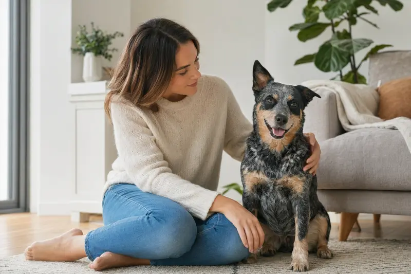 Ein glücklicher Ormskirk Heeler sitzt entspannt neben seinem Halter in einer modernen Wohnung.