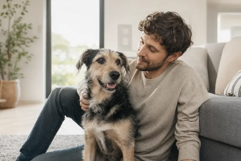 Ein glücklicher Hund sitzt entspannt neben seinem Besitzer in einer lichtdurchfluteten Wohnung.