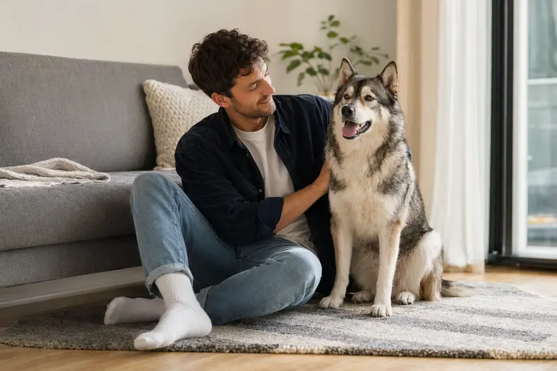 Ein entspannter Ostsibirischer Laika sitzt neben seinem Besitzer in einer modernen Wohnung und präsentiert eine vertrauensvolle Atmosphäre.