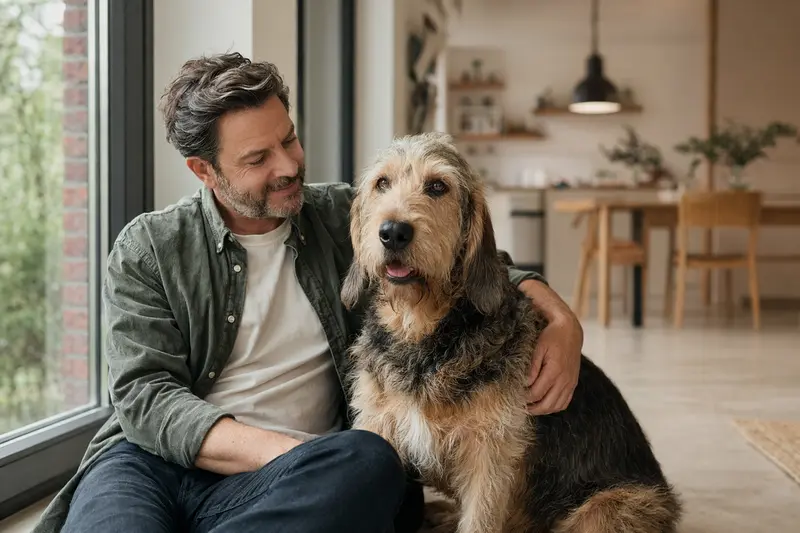 Ein entspannter Otterhound sitzt neben seinem Besitzer in einer modernen Wohnung und strahlt Vertrauen aus.
