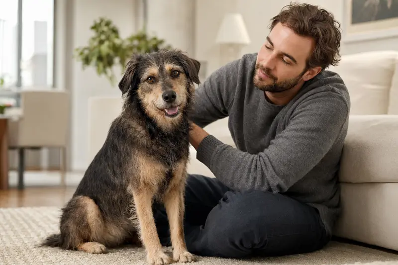 Ein glücklicher Otterhund sitzt entspannt neben seinem Halter in einer modernen Wohnung und strahlt Vertrauen aus.