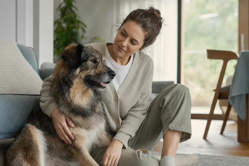 Ein freundlicher Owtscharka sitzt entspannt neben seinem Halter in einer hellen modernen Wohnung und vermittelt ein vertrauensvolles Bild zur Hundeversicherung.