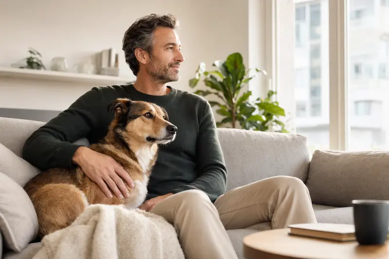 Ein entspannter Hund sitzt neben seinem Besitzer in einer modernen Wohnung.