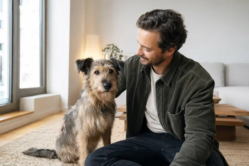 Ein glücklicher Paisley Terrier sitzt entspannt neben seinem Besitzer in einer hellen, modernen Wohnung.