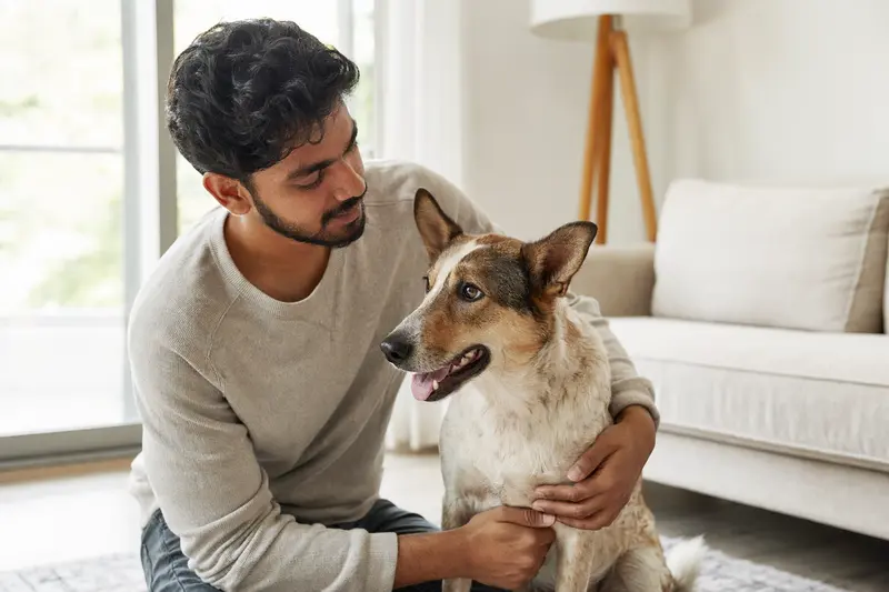 Ein entspannter Hund sitzt glücklich neben seinem Besitzer in einer modernen Wohnung.