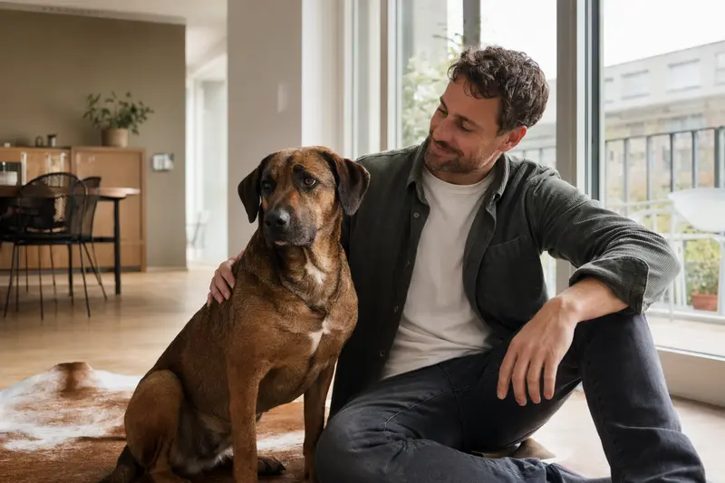 Ein Pannonischer Spürhund sitzt entspannt neben seinem Besitzer in einer modernen Wohnung und strahlt Zufriedenheit aus.