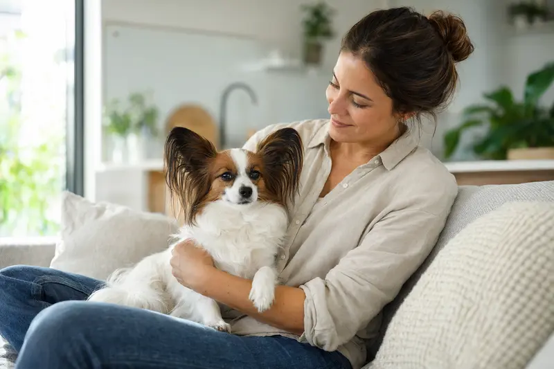 Ein glücklicher Papillon sitzt entspannt neben seinem Halter in einer modernen Wohnung, umgeben von warmem Licht.