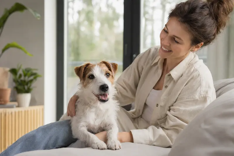 Ein entspannter Parson Jack Russell Terrier sitzt neben seinem glücklichen Besitzer in einer modernen Wohnung und genießt das natürliche Licht.