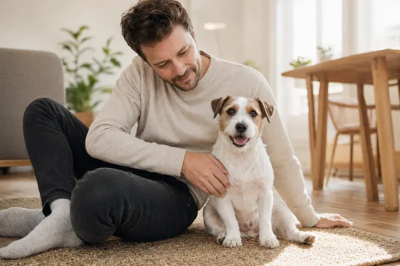 Ein entspannter Parson Russell Terrier sitzt neben seinem glücklichen Besitzer in einer modernen Wohnung, umgeben von natürlichem Licht.
