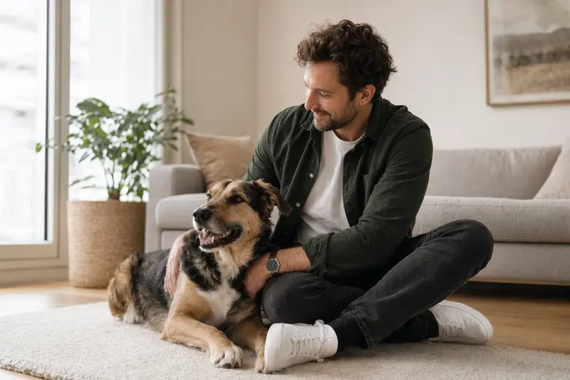 Glücklicher Hund Pastor Vasco sitzt entspannt neben seinem Besitzer in einer modernen Wohnung.