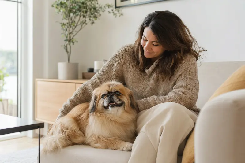 Ein glücklicher Pekinese sitzt entspannt neben seinem Besitzer in einer hellen Wohnung und genießt die vertrauensvolle Atmosphäre.