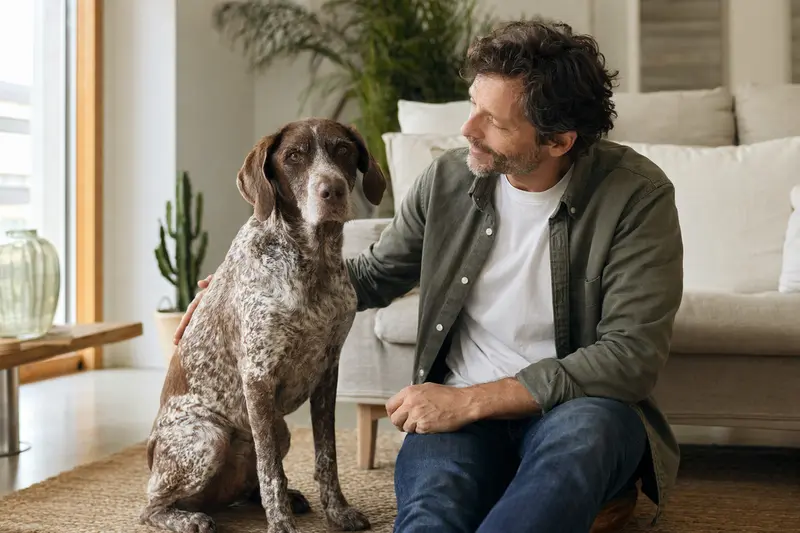 Glücklicher Hund sitzt entspannt neben seinem Besitzer in einer modernen Wohnung.