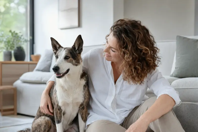 Ein entspannter Perro Bardino Majorero sitzt neben seinem Besitzer in einer modernen Wohnung und strahlt Zufriedenheit aus.
