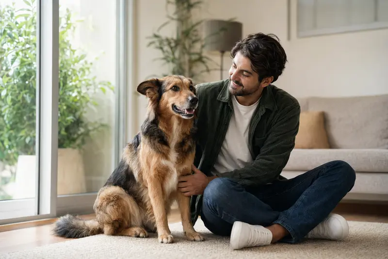 Ein glücklicher Perro Criollo sitzt entspannt neben seinem Halter in einer modernen Wohnung und strahlt Vertrauen aus.