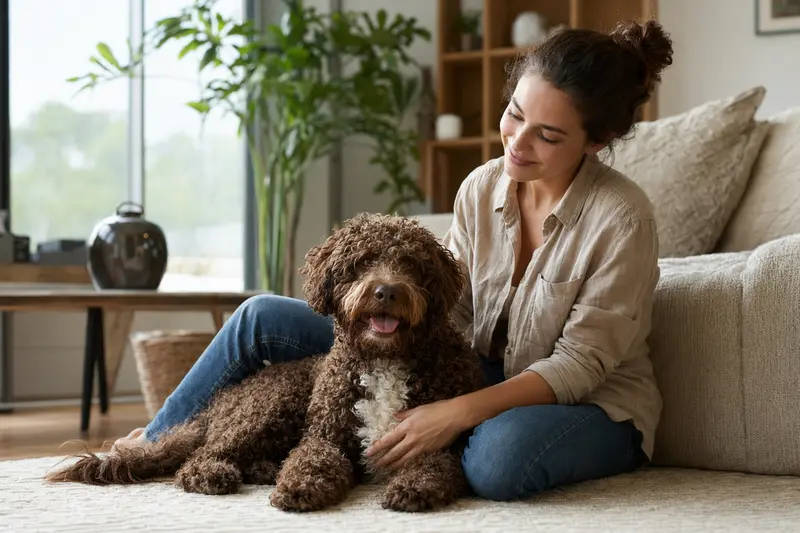 Ein entspannter Perro de agua Americano sitzt glücklich neben seinem Halter in einer hellen modernen Wohnung.