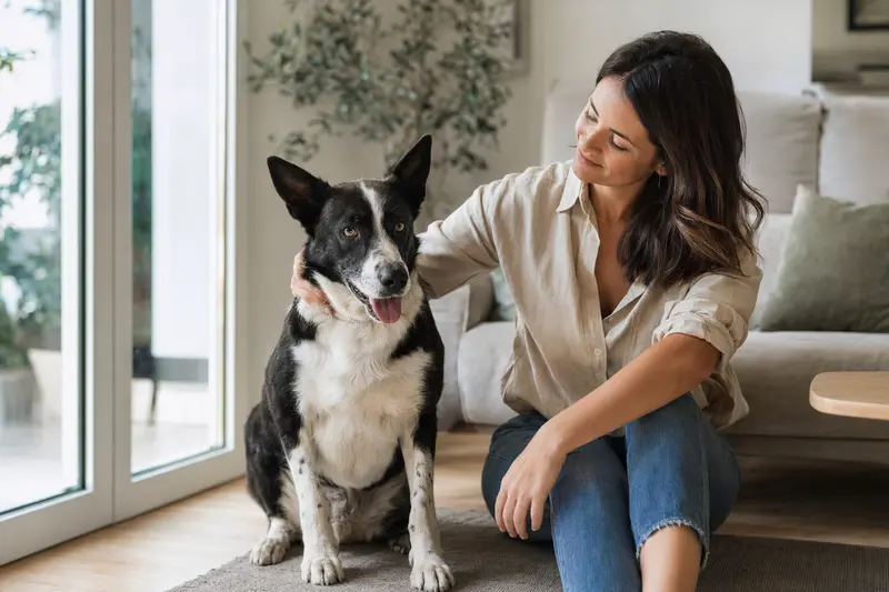 Ein glücklicher Perro de Ganado Majorero sitzt entspannt neben seinem Halter in einer modernen Wohnung und strahlt Vertrauen und Gesundheit aus.