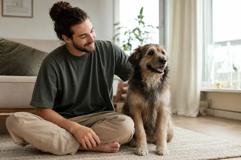 Ein glücklicher Perro de los Paramos sitzt entspannt neben seinem Halter in einer hellen modernen Wohnung und vermittelt Vertrauen rund um Hundegesundheit und Hundekrankenversicherung.