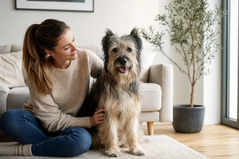 Ein glücklicher Perro de Pastor Catalan sitzt entspannt neben seinem Besitzer in einer modernen Wohnung.