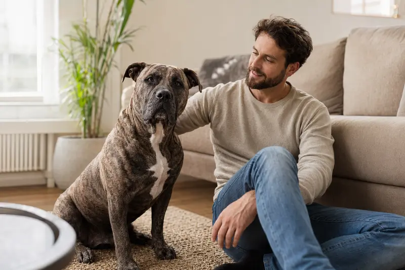Ein freundlicher Perro de Presa Canario sitzt entspannt neben seinem Halter in einer hellen Wohnung und vermittelt Vertrauen rund um die Hundeversicherung.