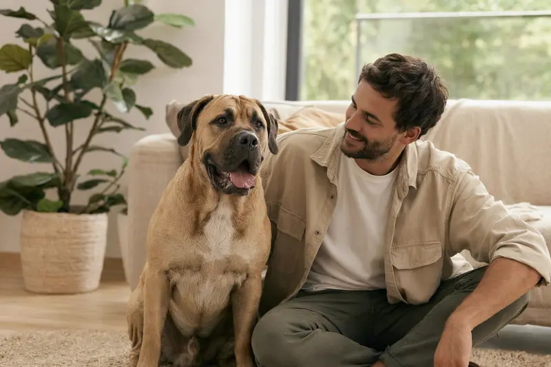 Ein glücklicher Perro de Presa Mallorquin sitzt entspannt neben seinem Halter in einer modernen Wohnung.