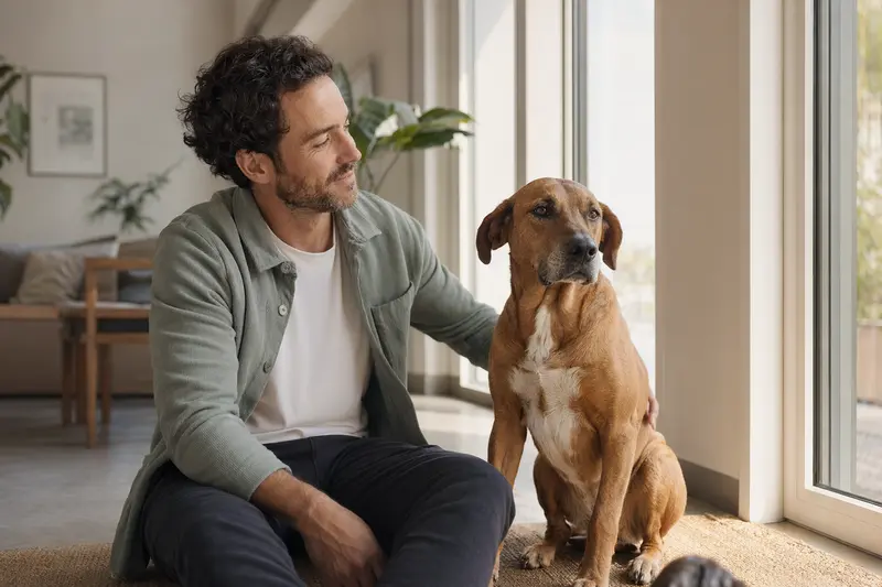 Ein entspannter Perro Dogo Mallorquin sitzt vertrauensvoll neben seinem Halter in einer hellen Wohnung.