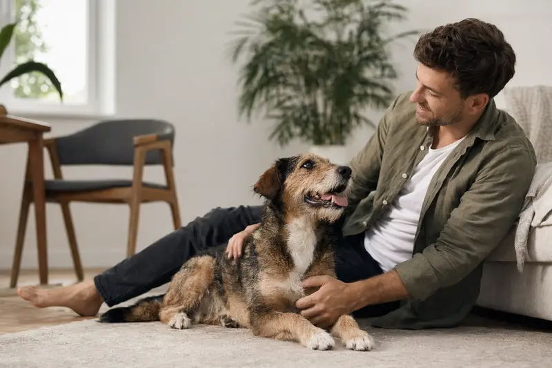 Ein glücklicher Perro Gaucho sitzt entspannt neben seinem Besitzer in einer modernen Wohnung, umgeben von warmem Licht.