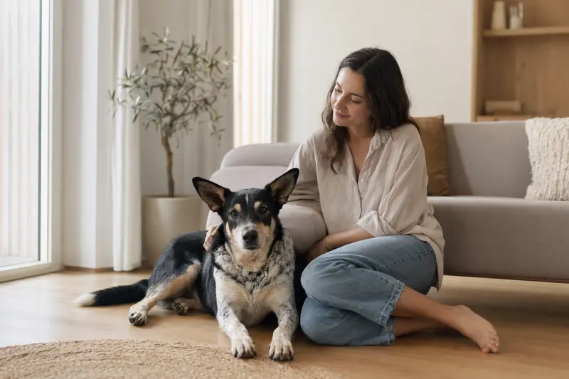 Ein glücklicher Perro Majorero sitzt entspannt neben seinem vertrauensvollen Halter in einer modernen Wohnung.
