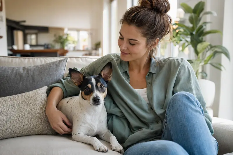 Ein glücklicher Perro Ratonero Bodeguero sitzt entspannt neben seinem Halter in einer modernen Wohnung.