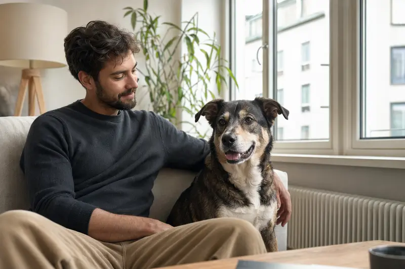 Ein glücklicher Perro Turco sitzt entspannt neben seinem Halter in einer hellen modernen Wohnung und vermittelt Vertrauen sowie Hundegesundheit.
