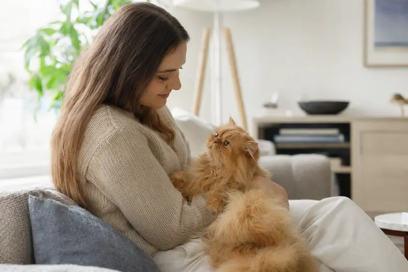 Eine freundliche Perser Katze sitzt entspannt neben ihrem Besitzer in einer hellen Wohnung und strahlt Vertrauen aus.